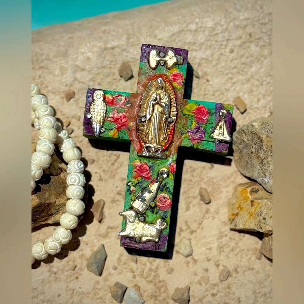 Milagros Silver Metal Charm Spanish Folk Art Painted Wood Cross-Turquoise Blue